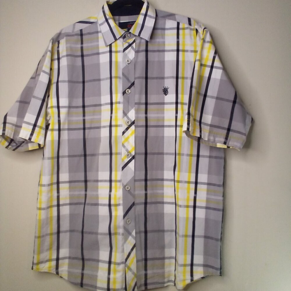 CLH Shirt Mens L Short Sleeve Button Up Y2K 90s Plaid Gray Black Yellow